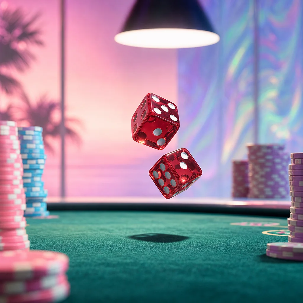 Holographic dice in motion above pastel vaporwave grid